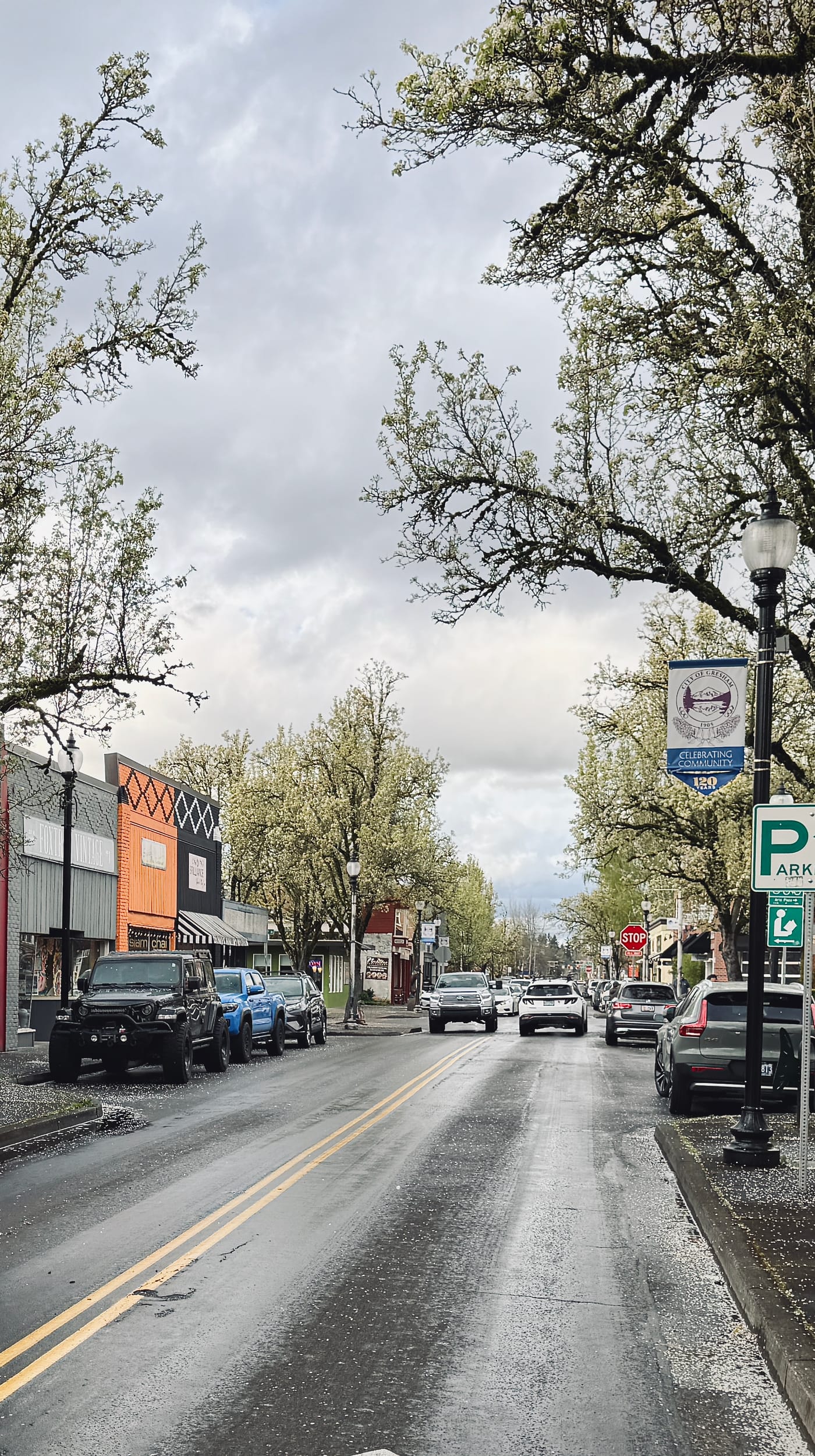 Historic downtown Gresham, Oregon: Main Avenue lined with flowering trees and local shops